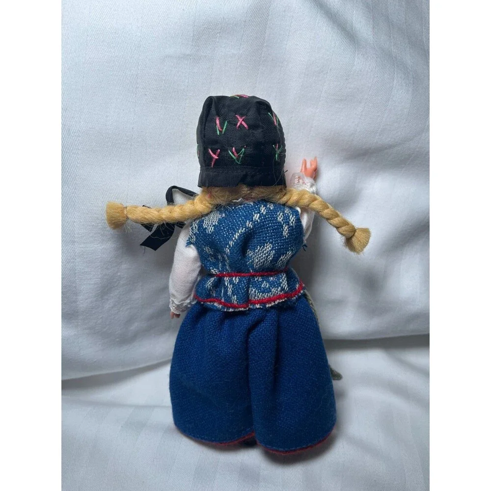 Vintage Scandinavian Folk Doll 6.5” Blonde Braids Blue Dress Ethnic Costume